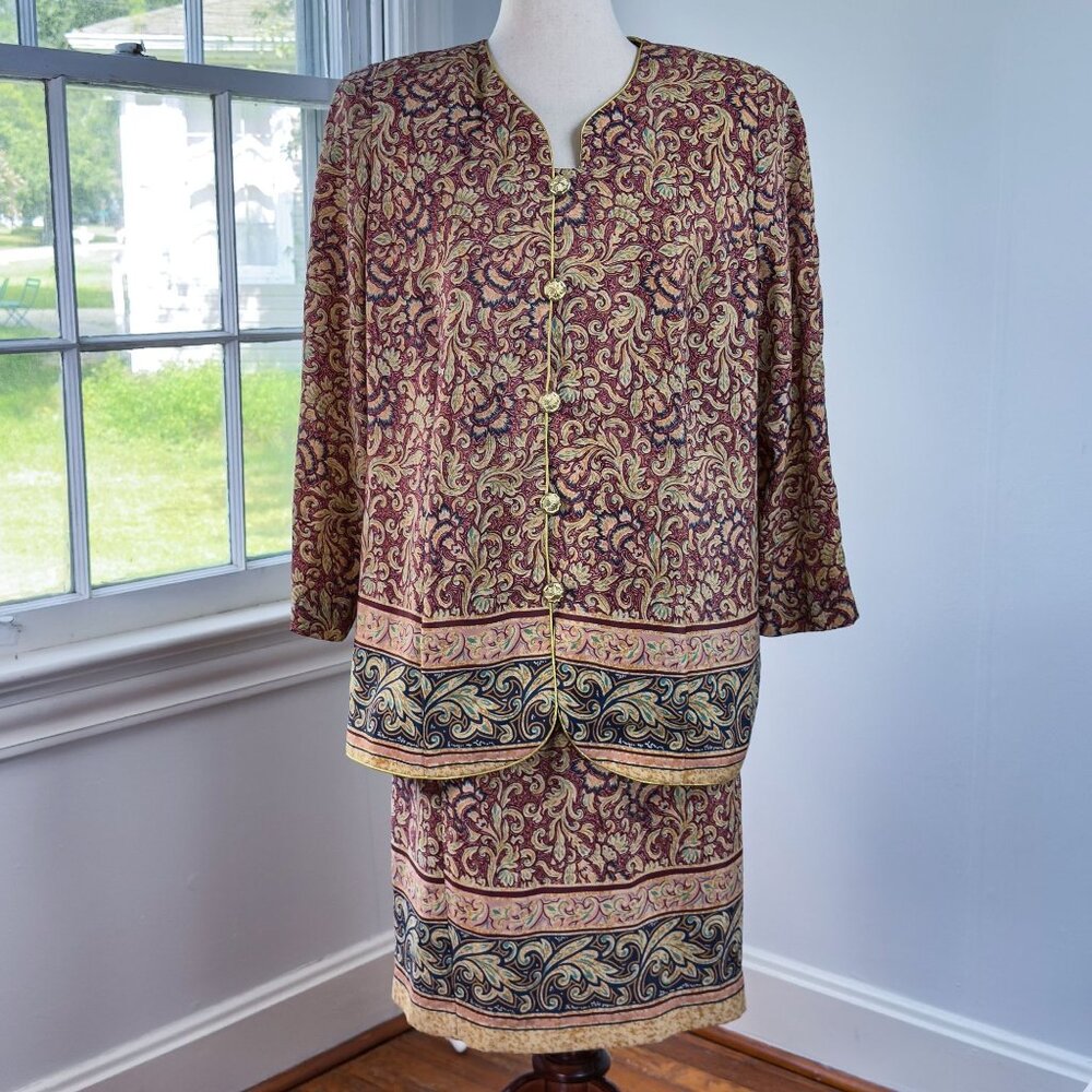 Vintage 80s Tracy Richards Petites Paisley Maroon Two Piece Jacket Skirt Set 14
